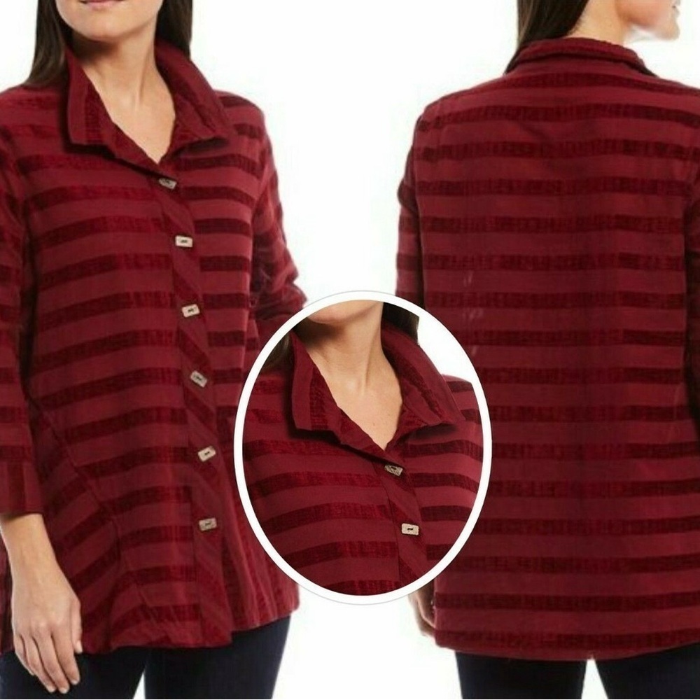 John Mark Shirt Top S Red 3/4 Sleeve Striped Burnout Wood Button Up Top Size M